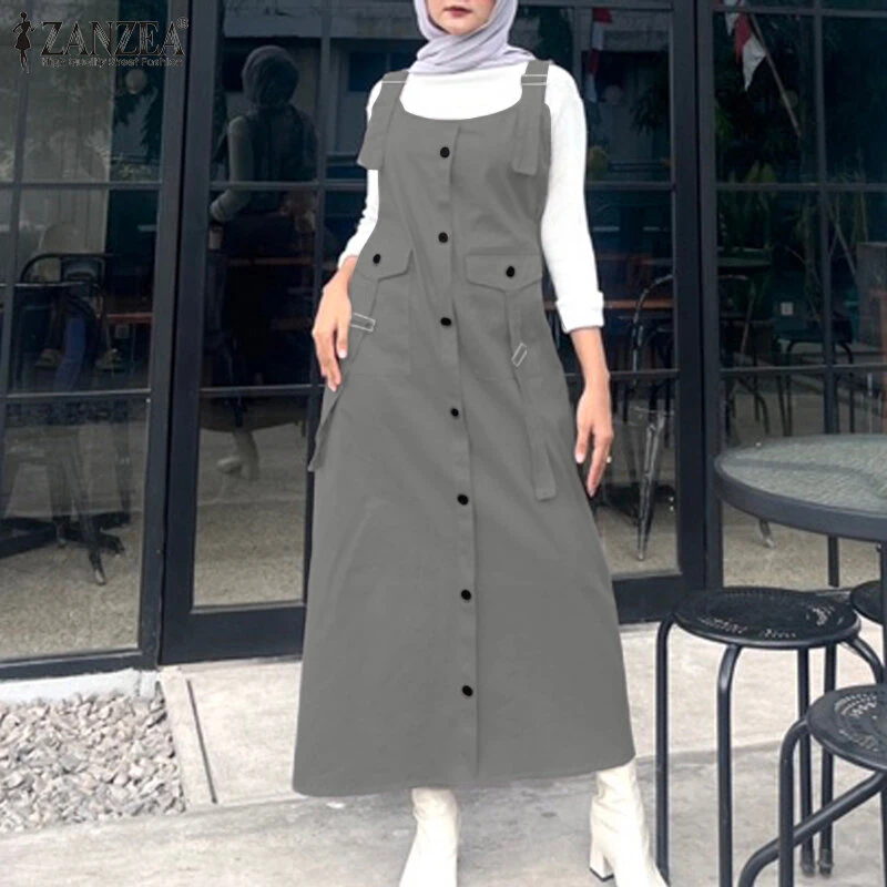 ZANZEA Solid Womens Square Neck Strappy Bib Dress Casual Loose Long Dresses — view 2
