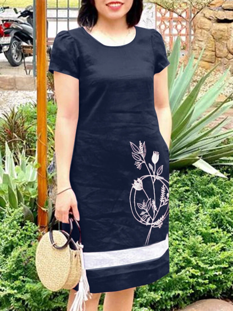 ZANZEA Summer Women Vintage Short Sleeve O-Neck Floral Embroidery Dresses Casual Shift Dresses — view 2