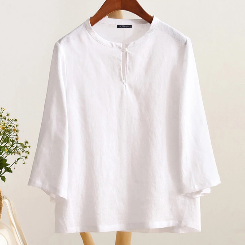 ZANZEA Women Button Summer O-Neck 3/4 Sleeve Solid Blouses Casual Cotton Linen Shirts for Women Loose Fit — view 2