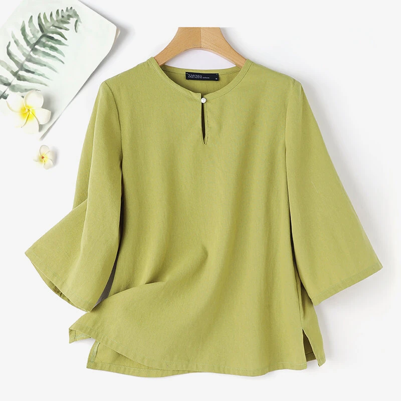 ZANZEA Women Button Summer O-Neck 3/4 Sleeve Solid Blouses Casual Cotton Linen Shirts for Women Loose Fit — view 4