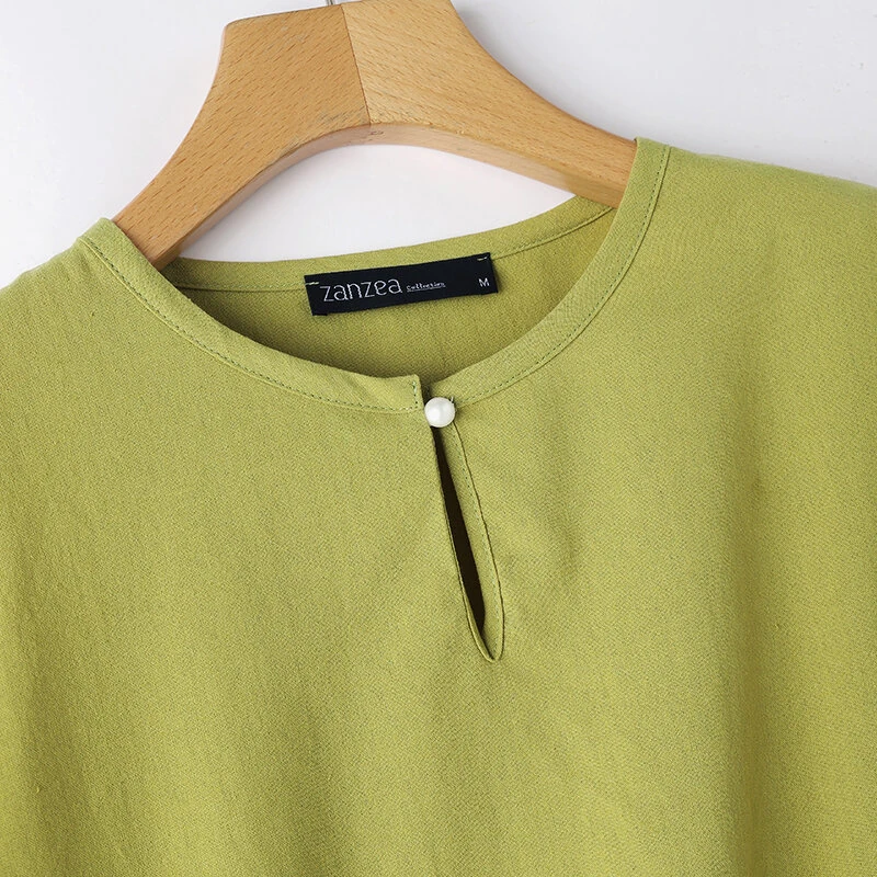 ZANZEA Women Button Summer O-Neck 3/4 Sleeve Solid Blouses Casual Cotton Linen Shirts for Women Loose Fit — view 5