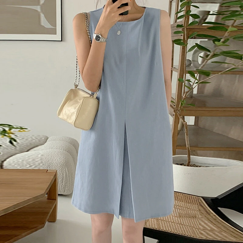 ZANZEA Women Crew Neck Sundress Knee Dresses Oversized Sleeveless Casual Solid Loose Midi Dresses — view 4
