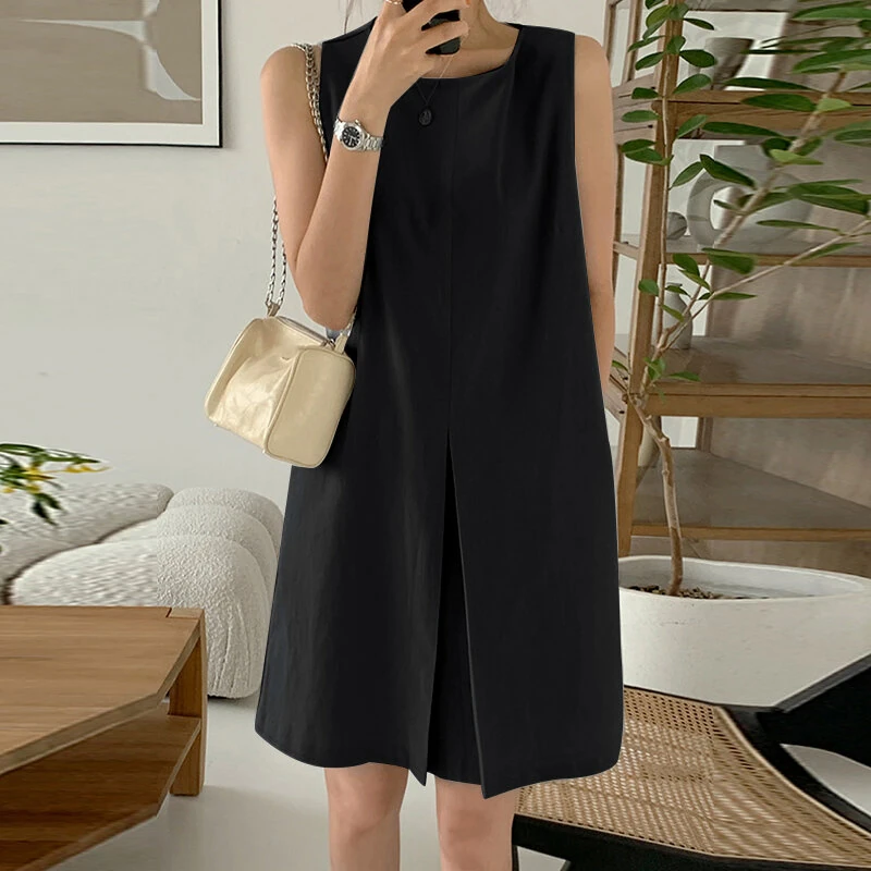 ZANZEA Women Crew Neck Sundress Knee Dresses Oversized Sleeveless Casual Solid Loose Midi Dresses — view 5