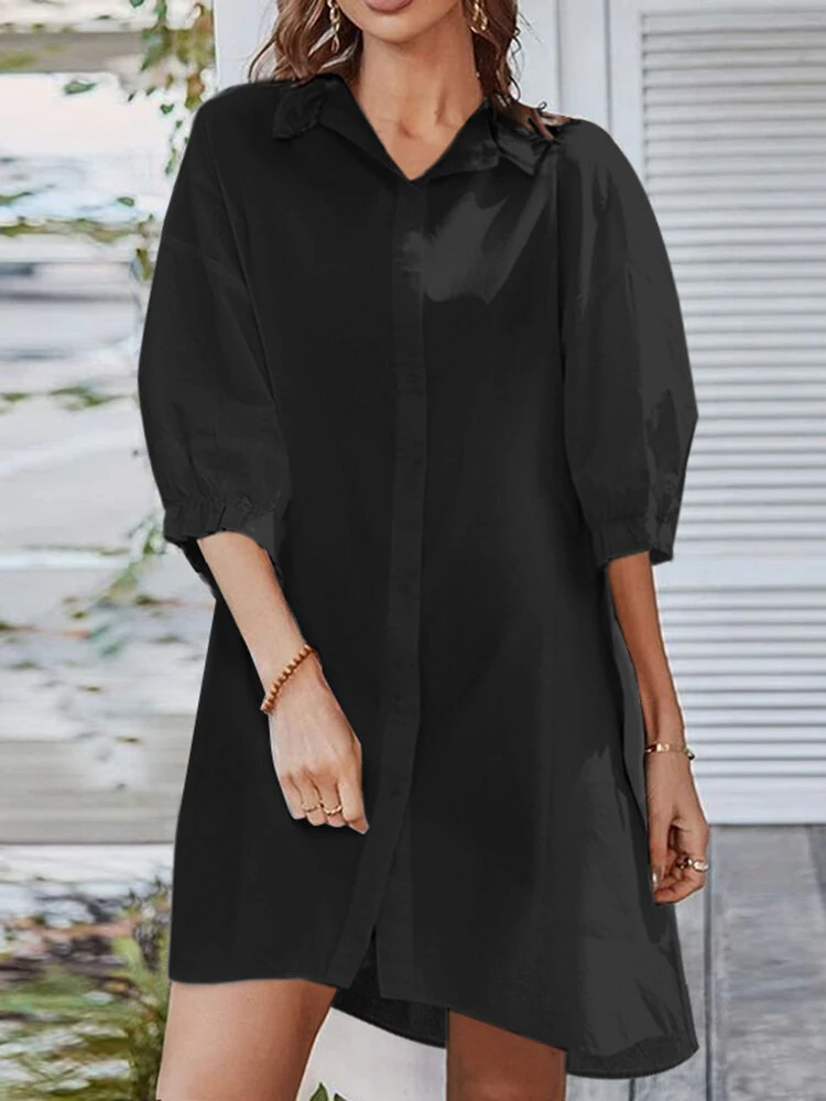 ZANZEA Women Daily Casual 3/4 Length Sleeve Solid Color Shirt Dresses — view 2