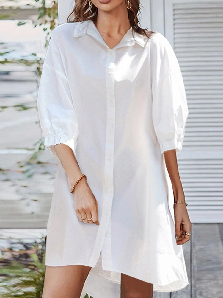 ZANZEA Women Daily Casual 3/4 Length Sleeve Solid Color Shirt Dresses — view 9