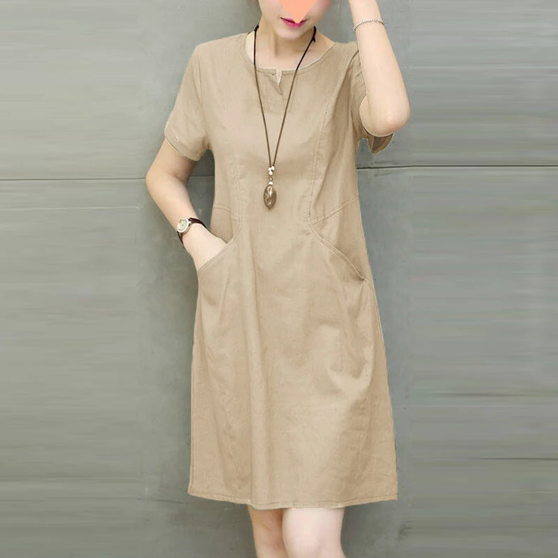 ZANZEA Women Daily Casual Side Pockets V-Neck Short Sleeves Solid Color Dresses — ZANZEA
