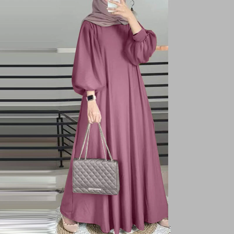 ZANZEA Women Ethnic Stylish Solid Crew Neck Maxi Dress Elegant Lantern Sleeves A-Line Dress — ZANZEA