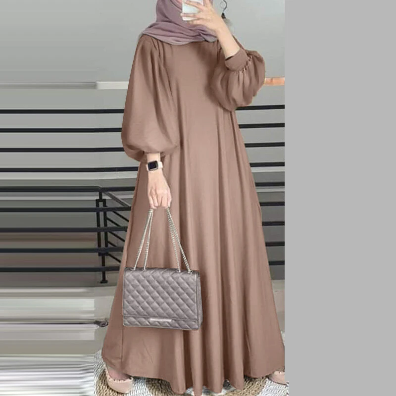 ZANZEA Women Ethnic Stylish Solid Crew Neck Maxi Dress Elegant Lantern Sleeves A-Line Dress — view 2