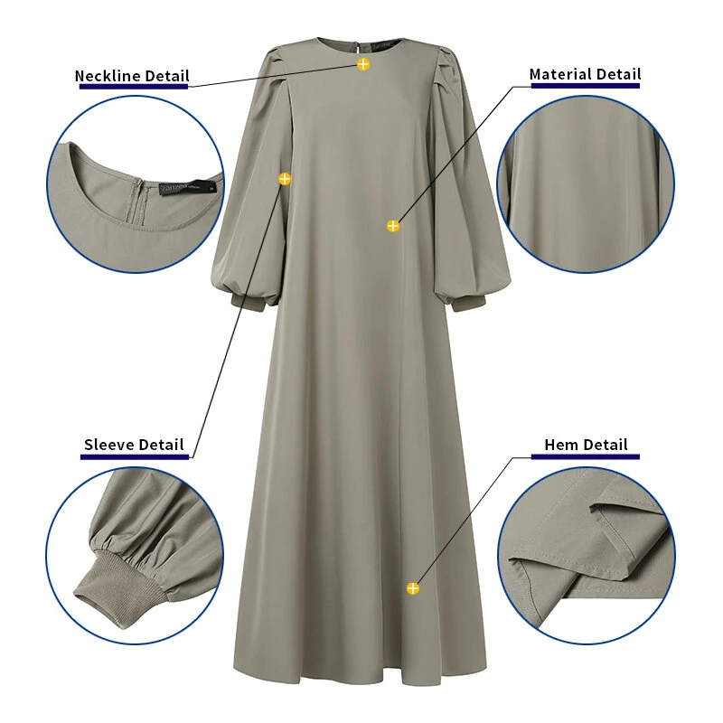 ZANZEA Women Ethnic Stylish Solid Crew Neck Maxi Dress Elegant Lantern Sleeves A-Line Dress — view 4