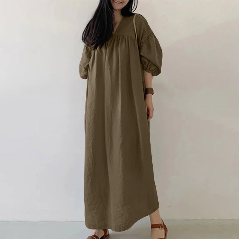 ZANZEA Women Maxi Dresses Solid Color Seven-quarter Length Lantern Sleeves Long Dresses Plus Size Women Dresses — ZANZEA