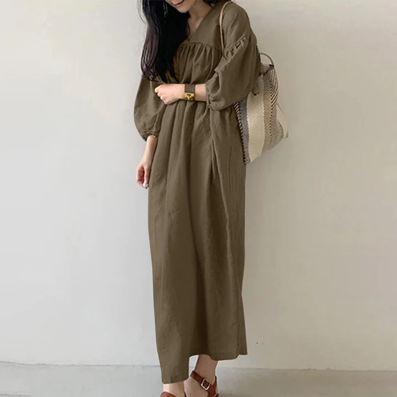 ZANZEA Women Maxi Dresses Solid Color Seven-quarter Length Lantern Sleeves Long Dresses Plus Size Women Dresses — view 2