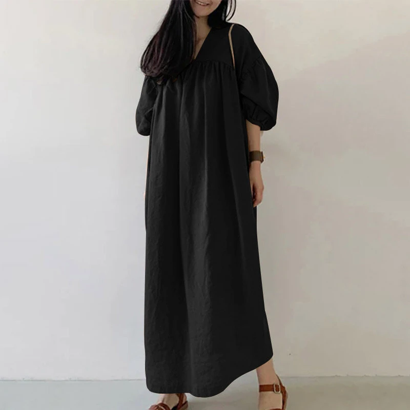 ZANZEA Women Maxi Dresses Solid Color Seven-quarter Length Lantern Sleeves Long Dresses Plus Size Women Dresses — view 3