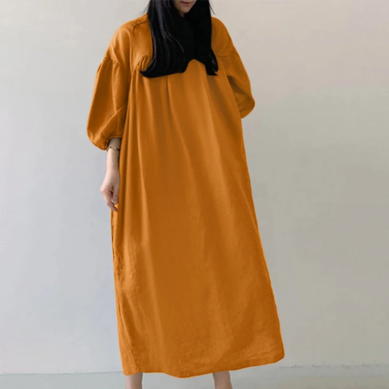 ZANZEA Women Maxi Dresses Solid Color Seven-quarter Length Lantern Sleeves Long Dresses Plus Size Women Dresses — view 6