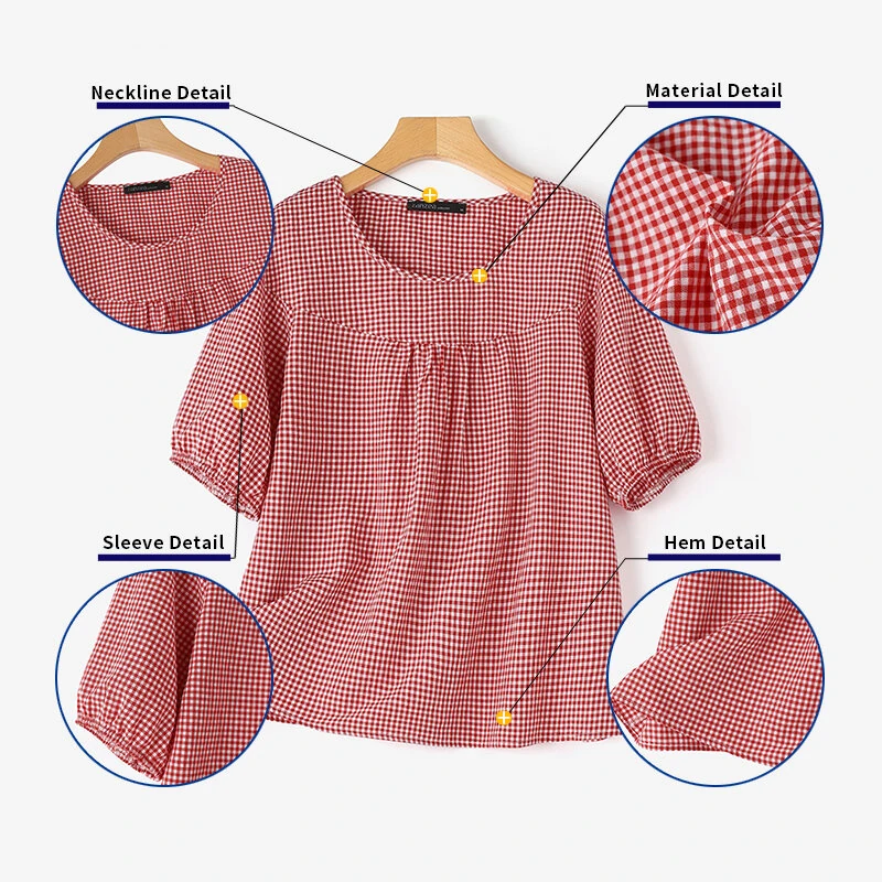 ZANZEA Women Plaid Blouses Shirt Trendy Casual Round Neck Top with Pleats Short Lantern Sleeves Shirt Loose Fit — view 5