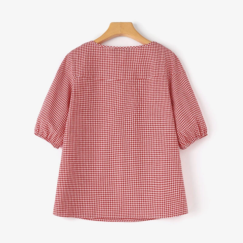 ZANZEA Women Plaid Blouses Shirt Trendy Casual Round Neck Top with Pleats Short Lantern Sleeves Shirt Loose Fit — view 6