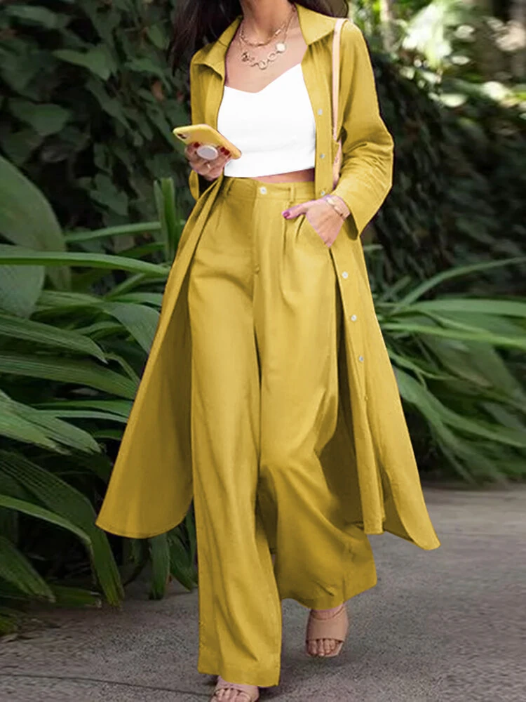 ZANZEA Women Plus Size Two Set Solid Button Lapel Long Sleeve Long Blouses and Pant Two Pieces Set — view 4