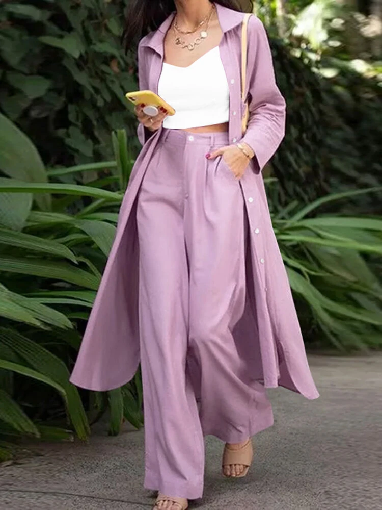 ZANZEA Women Plus Size Two Set Solid Button Lapel Long Sleeve Long Blouses and Pant Two Pieces Set — view 6