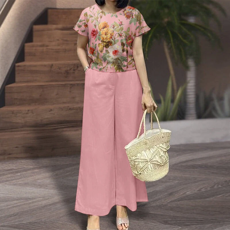 ZANZEA Women's 2pcs Suits Floral Short Sleeve O-Neck Top Elastic Waist Wide Leg Trousers Vintage Sets — ZANZEA