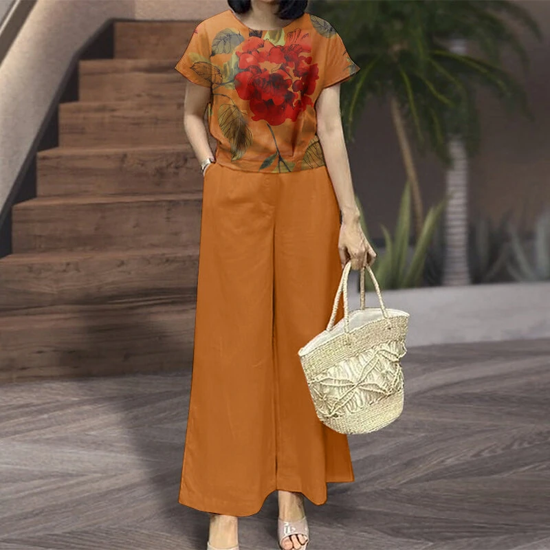 ZANZEA Women's 2pcs Suits Floral Short Sleeve O-Neck Top Elastic Waist Wide Leg Trousers Vintage Sets — view 2