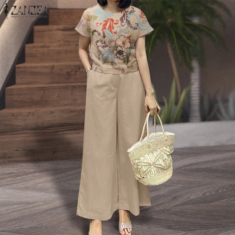 ZANZEA Women's 2pcs Suits Floral Short Sleeve O-Neck Top Elastic Waist Wide Leg Trousers Vintage Sets — view 3