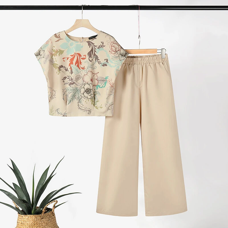 ZANZEA Women's 2pcs Suits Floral Short Sleeve O-Neck Top Elastic Waist Wide Leg Trousers Vintage Sets — view 4