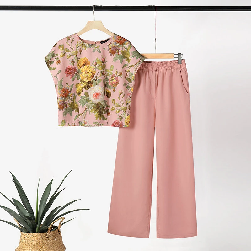 ZANZEA Women's 2pcs Suits Floral Short Sleeve O-Neck Top Elastic Waist Wide Leg Trousers Vintage Sets — view 5