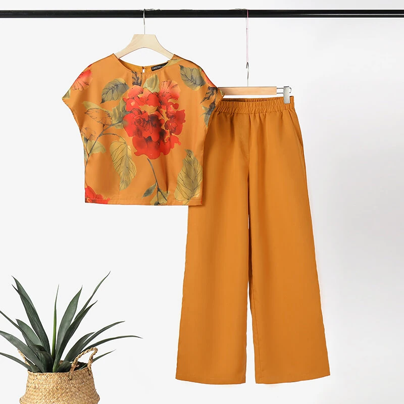 ZANZEA Women's 2pcs Suits Floral Short Sleeve O-Neck Top Elastic Waist Wide Leg Trousers Vintage Sets — view 6