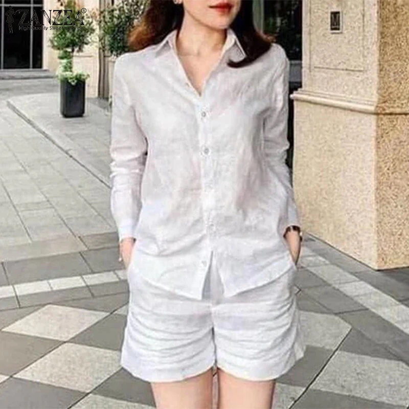 ZANZEA Women's 2pcs Suits Vintage Casual Long Sleeve Lapel Shirt Elastic Waist A-Line Shorts Cotton Linen Sets — ZANZEA