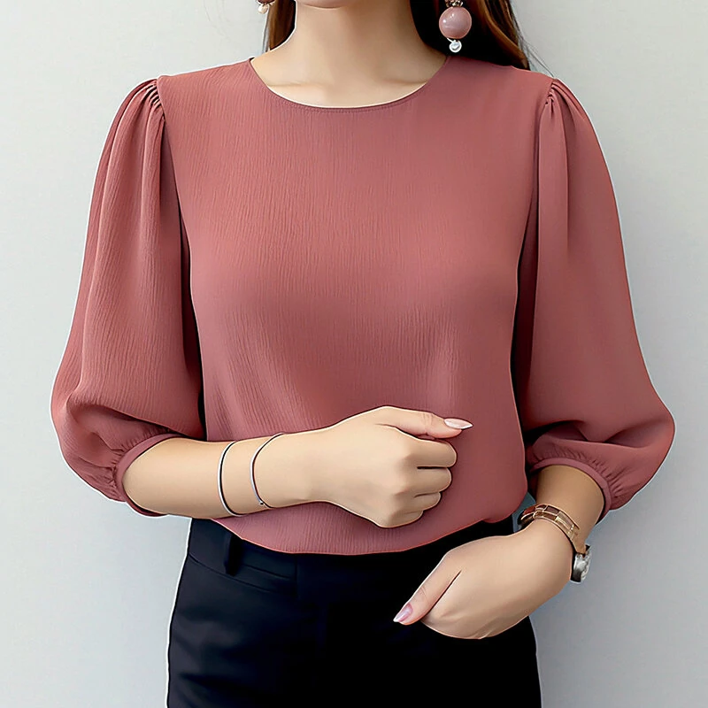 ZANZEA Women's Blouse Casual Lantern Sleeve Round Neck Shirt Plain Party Commute Pullover Tops — ZANZEA