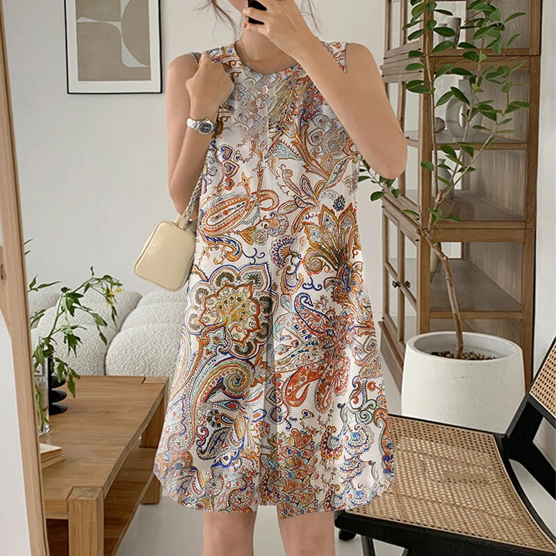 ZANZEA Women's Bohemian Printed Round Neck Pleated Sundress Loose Sleeveless Midi Dress — view 2