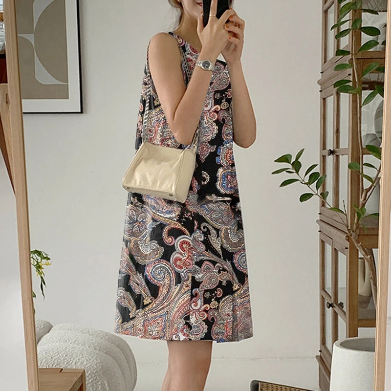 ZANZEA Women's Bohemian Printed Round Neck Pleated Sundress Loose Sleeveless Midi Dress — view 4