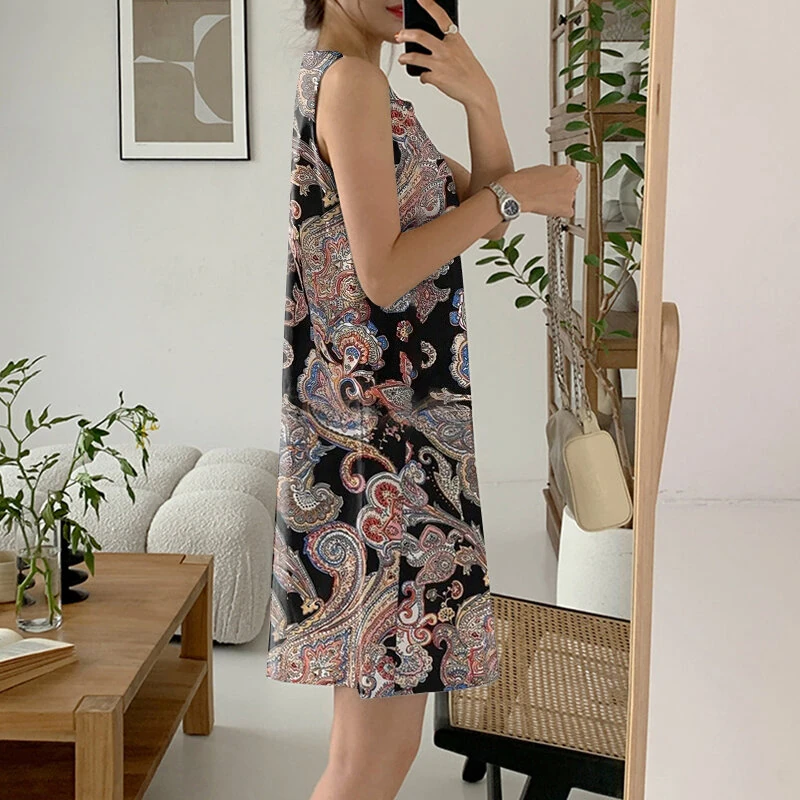 ZANZEA Women's Bohemian Printed Round Neck Pleated Sundress Loose Sleeveless Midi Dress — view 5