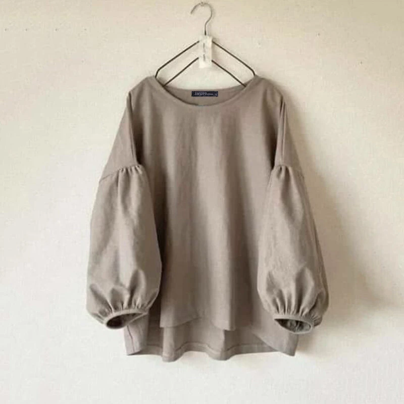 ZANZEA Women's Round Neck Drop Shoulder Lantern Sleeve Loose Casual Solid Blouses — view 2