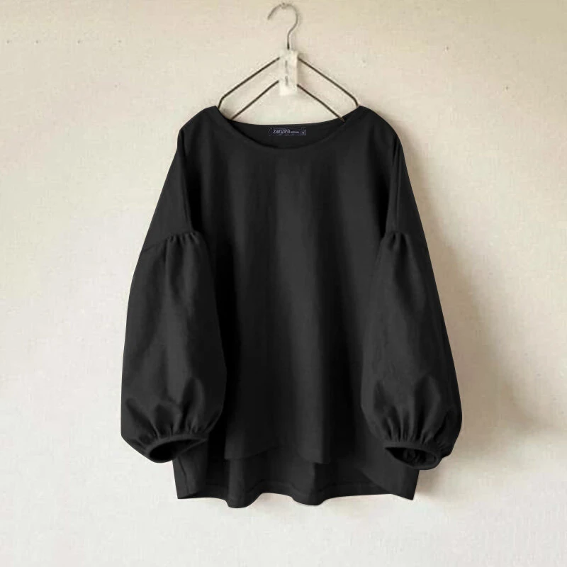 ZANZEA Women's Round Neck Drop Shoulder Lantern Sleeve Loose Casual Solid Blouses — view 3