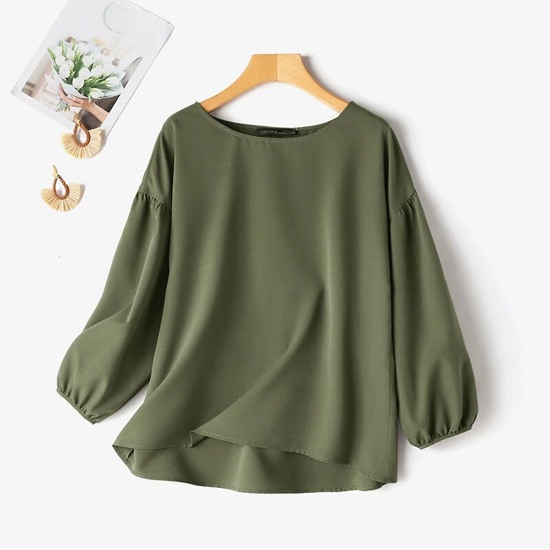 ZANZEA Women's Round Neck Drop Shoulder Lantern Sleeve Loose Casual Solid Blouses — view 4