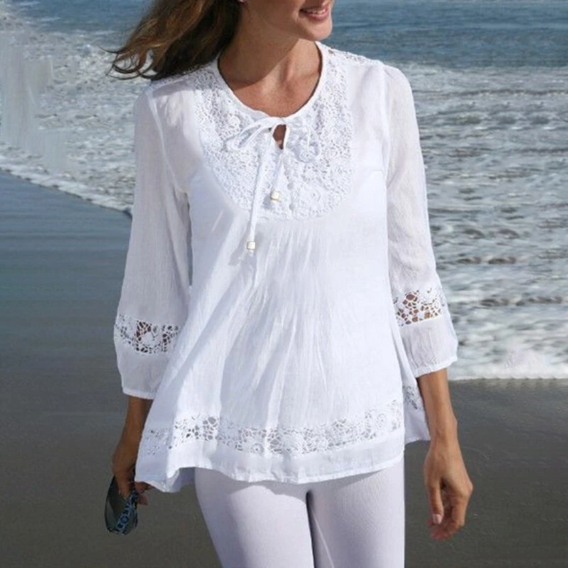 ZANZEA Women's Shirt Solid Lace Blouse Eyelet Lace Patchwork 3/4 Length Sleeve Top Summer Daily Casual Shirts — ZANZEA