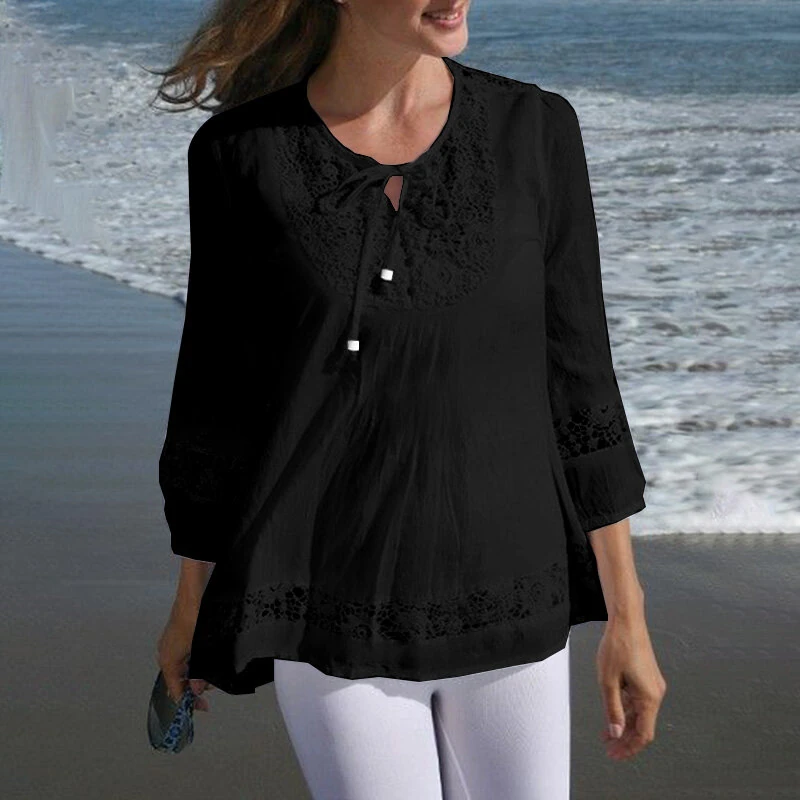 ZANZEA Women's Shirt Solid Lace Blouse Eyelet Lace Patchwork 3/4 Length Sleeve Top Summer Daily Casual Shirts — view 3
