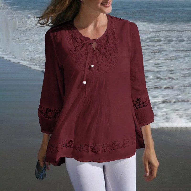 ZANZEA Women's Shirt Solid Lace Blouse Eyelet Lace Patchwork 3/4 Length Sleeve Top Summer Daily Casual Shirts — view 4