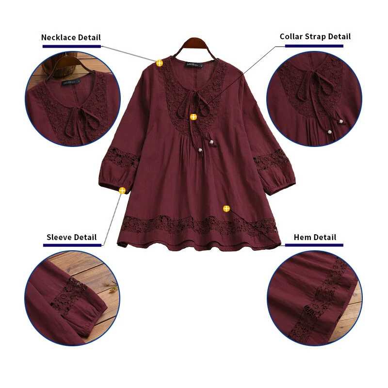 ZANZEA Women's Shirt Solid Lace Blouse Eyelet Lace Patchwork 3/4 Length Sleeve Top Summer Daily Casual Shirts — view 5