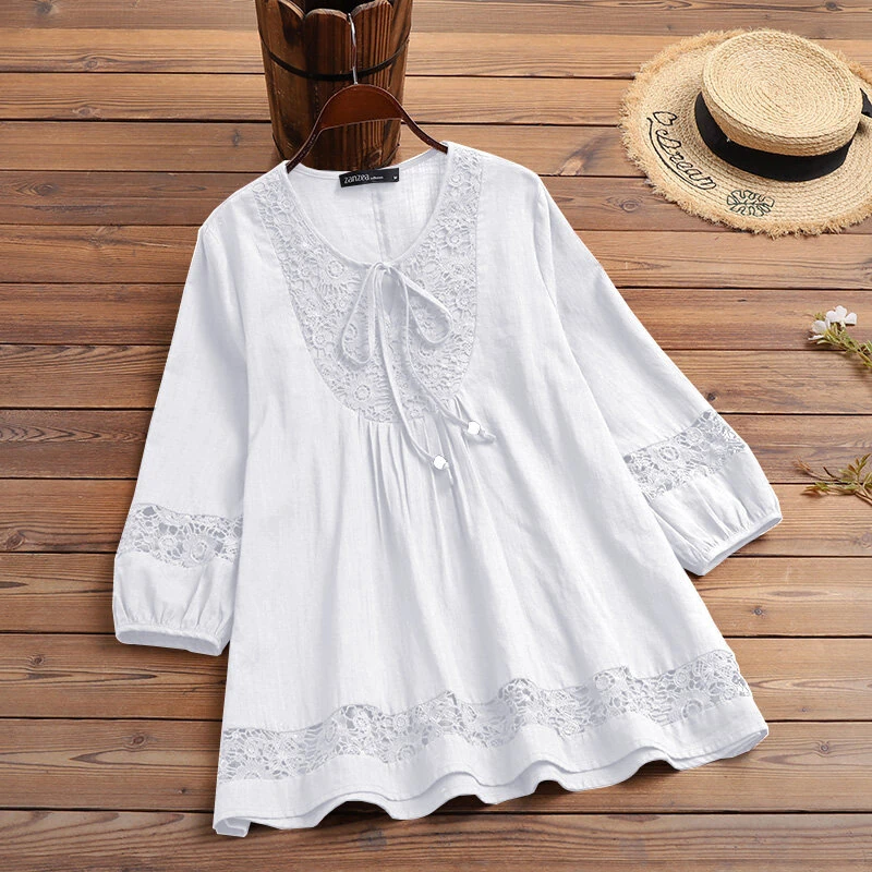ZANZEA Women's Shirt Solid Lace Blouse Eyelet Lace Patchwork 3/4 Length Sleeve Top Summer Daily Casual Shirts — view 7