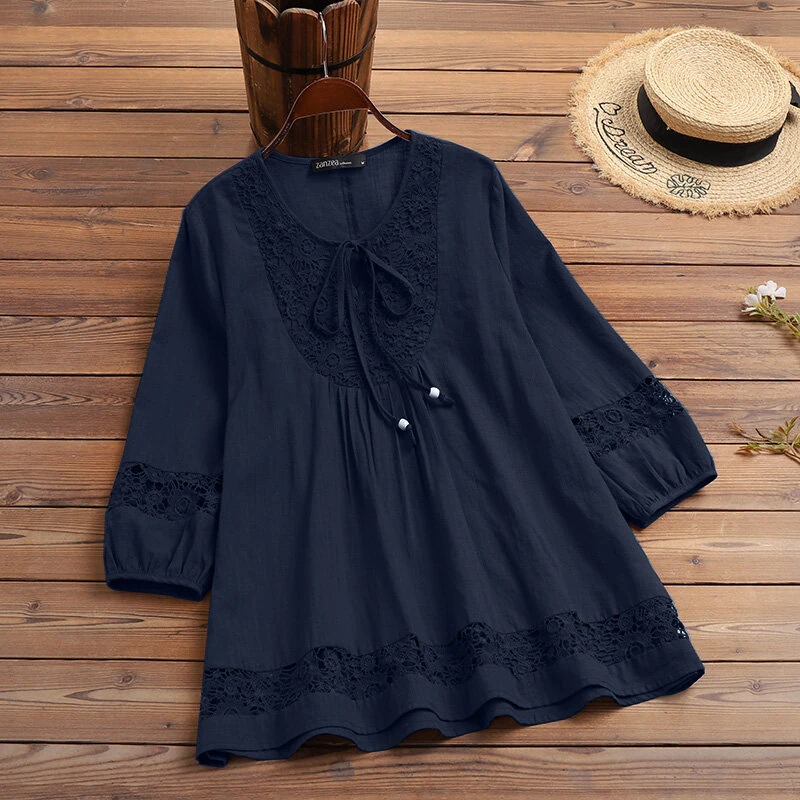ZANZEA Women's Shirt Solid Lace Blouse Eyelet Lace Patchwork 3/4 Length Sleeve Top Summer Daily Casual Shirts — view 9