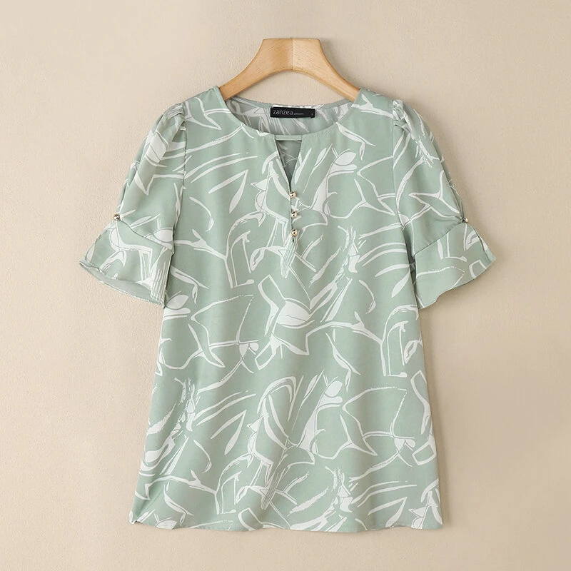 ZANZEA Women's Summer Elegant Print Blouse Casual Flare Sleeve O-Neck Cutouts Tops — view 4
