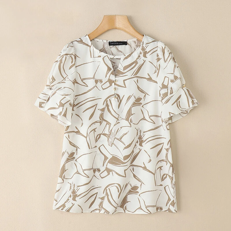 ZANZEA Women's Summer Elegant Print Blouse Casual Flare Sleeve O-Neck Cutouts Tops — view 5