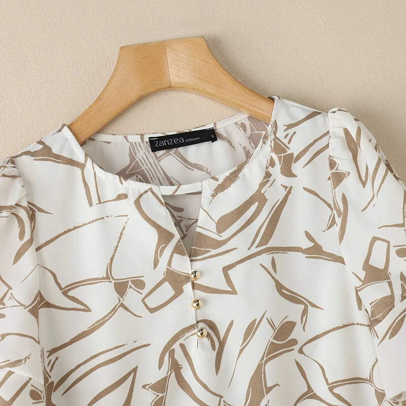 ZANZEA Women's Summer Elegant Print Blouse Casual Flare Sleeve O-Neck Cutouts Tops — view 6