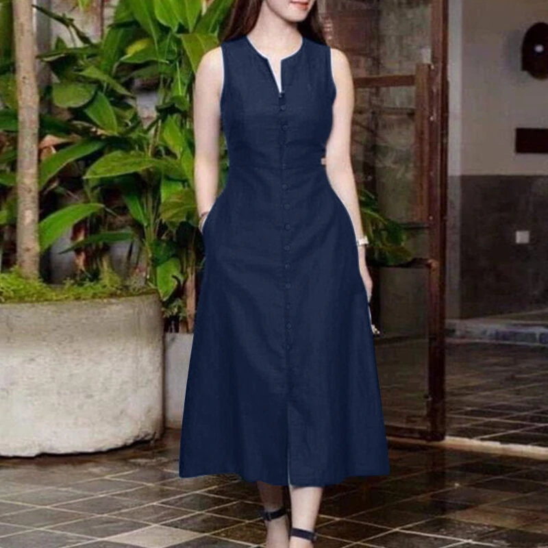 ZANZEA Women's Vintage Sleeveless V-Neck Plain Midi Dresses Casual Loose Front Slit Sundress Solid Color Dress — ZANZEA