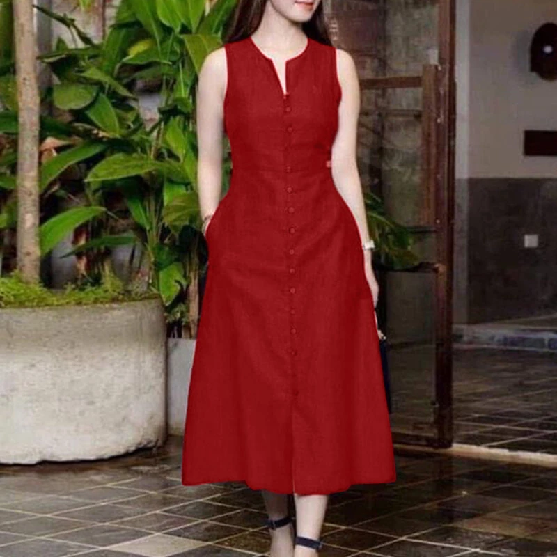 ZANZEA Women's Vintage Sleeveless V-Neck Plain Midi Dresses Casual Loose Front Slit Sundress Solid Color Dress — view 3