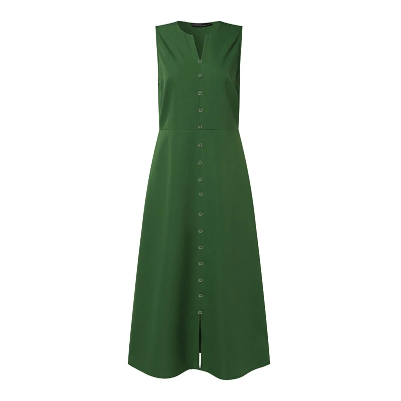 ZANZEA Women's Vintage Sleeveless V-Neck Plain Midi Dresses Casual Loose Front Slit Sundress Solid Color Dress — view 4