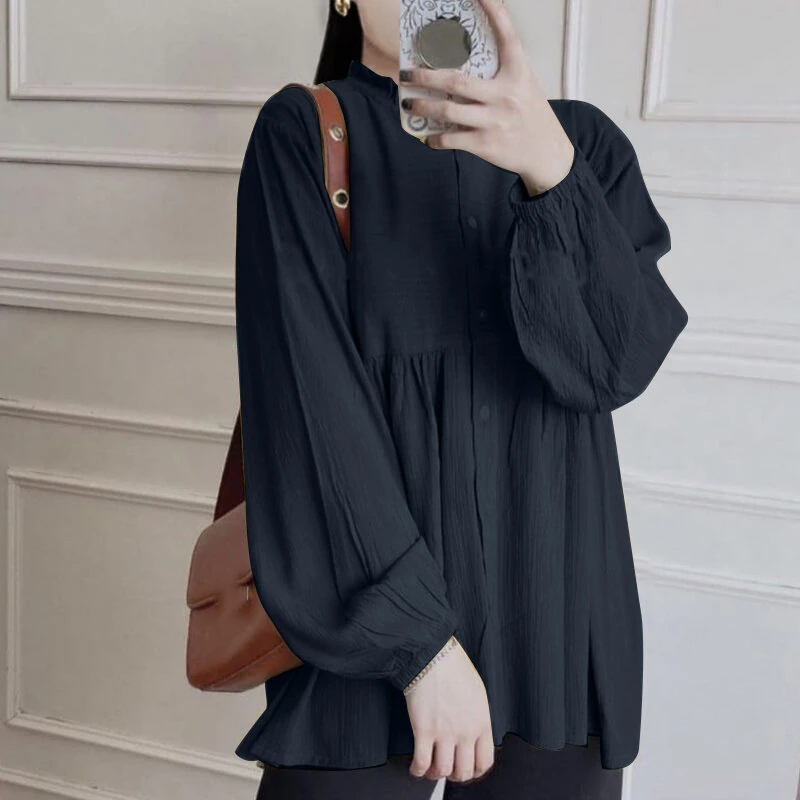 ZANZEA Women Shirt Fashion Long Sleeve Solid Blouse Vintage Ruffles Tops Loose Fit Blouse Top for Women S-5XL — view 2