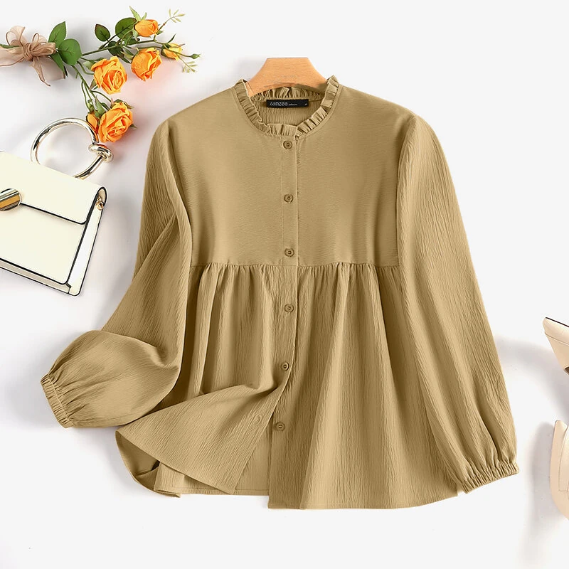 ZANZEA Women Shirt Fashion Long Sleeve Solid Blouse Vintage Ruffles Tops Loose Fit Blouse Top for Women S-5XL — view 4