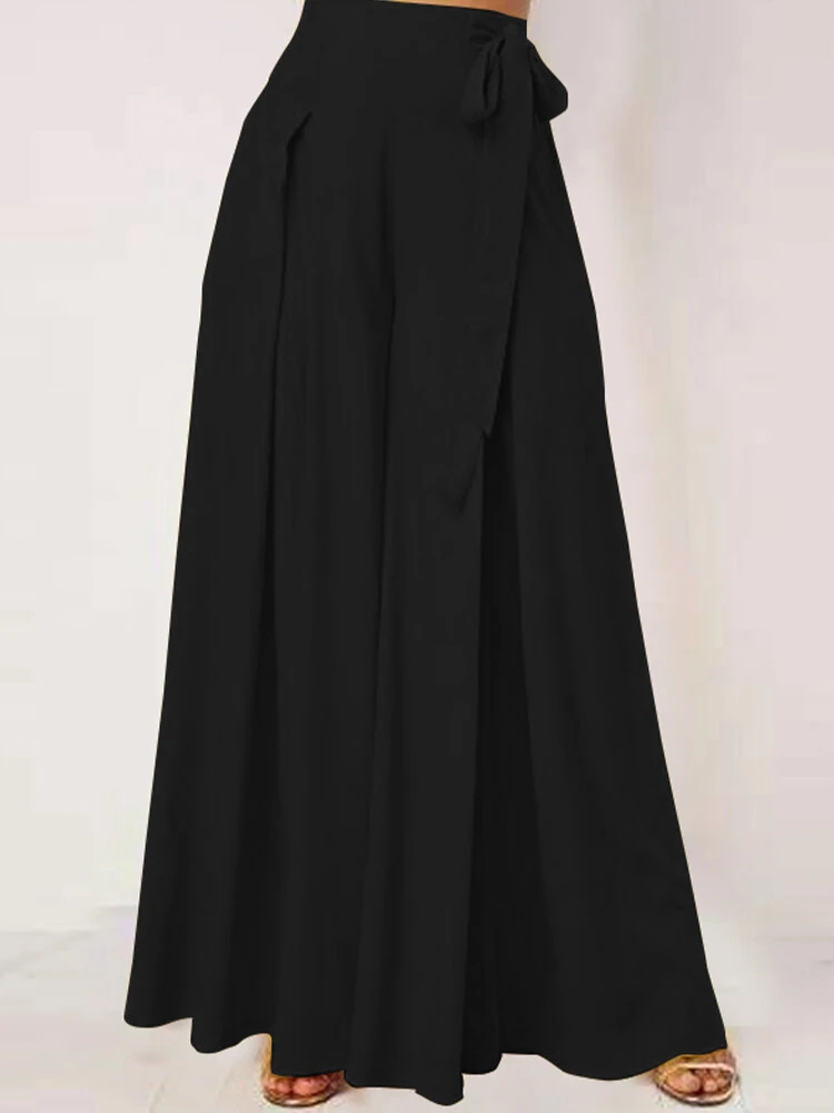 ZANZEA Women Solid Color Bowknot Pleated Loose Casual Wide Leg Pants — view 3